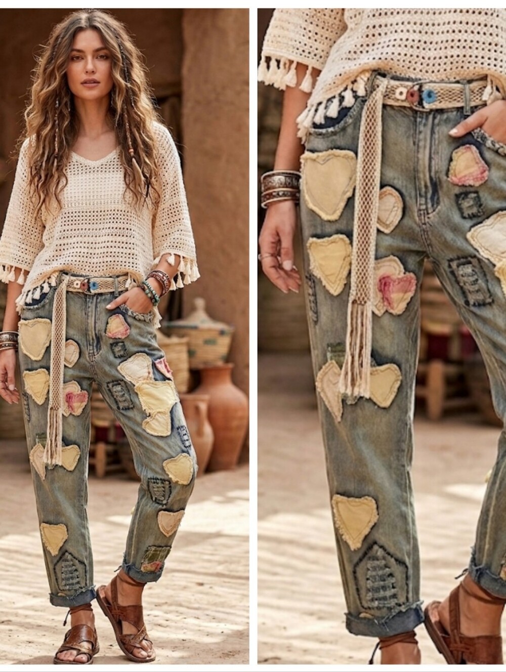 Boho Heart Patch Relaxed Women’s Jeans - Cream/Denim - Picture 6 of 7